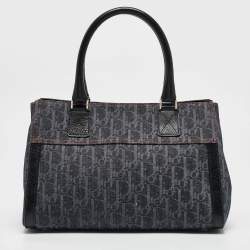 Pre Owned Dior Black Oblique Denim and Leather Flight Shopper Tote