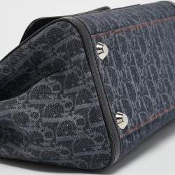 Pre Owned Dior Black Oblique Denim and Leather Flight Shopper Tote