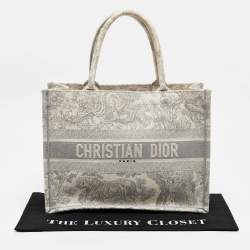 Dior Grey/White Embroidered Toile de Jouy Canvas Medium Book Tote 