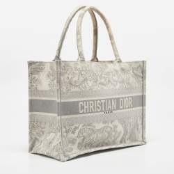 Dior Grey/White Embroidered Toile de Jouy Canvas Medium Book Tote 