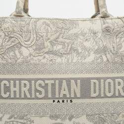 Dior Grey/White Embroidered Toile de Jouy Canvas Medium Book Tote 
