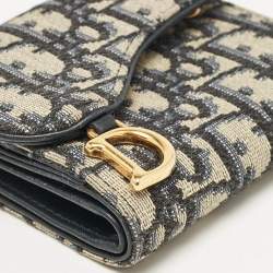 Pre Owned Dior Navy Blue Oblique Canvas and Leather Saddle Wallet