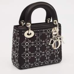 Pre Owned Dior Black Rhinestone Cannage Satin Mini Lady Dior Tote