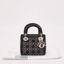 Pre Owned Dior Black Rhinestone Cannage Satin Mini Lady Dior Tote