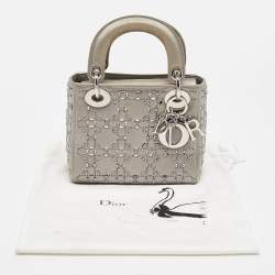 Pre Owned Dior Grey Cannage Satin Mini Beads Lady Dior Tote