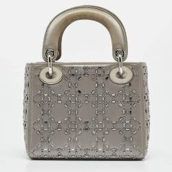 Pre Owned Dior Grey Cannage Satin Mini Beads Lady Dior Tote