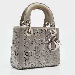 Pre Owned Dior Grey Cannage Satin Mini Beads Lady Dior Tote