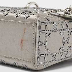 Pre Owned Dior Grey Cannage Satin Mini Beads Lady Dior Tote