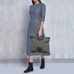Dior Navy Blue Oblique Canvas and Leather Fold Over Clutch