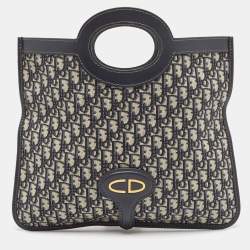 Dior Navy Blue Oblique Canvas and Leather Fold Over Clutch