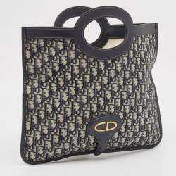Dior Navy Blue Oblique Canvas and Leather Fold Over Clutch