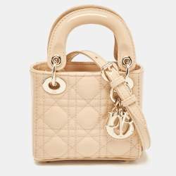 Pre Owned Dior Beige Cannage Patent Leather Micro Lady Dior Tote