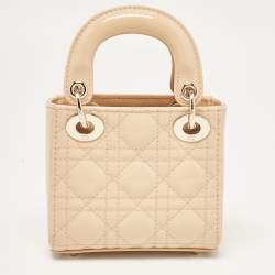 Pre Owned Dior Beige Cannage Patent Leather Micro Lady Dior Tote