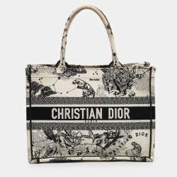 Pre Owned Dior Cream/Black Zodiac Embroidered Canvas Medium Book Tote 