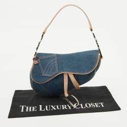 Pre Owned Dior Blue/Beige Denim and Leather Saddle Bag