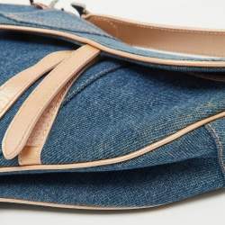 Pre Owned Dior Blue/Beige Denim and Leather Saddle Bag