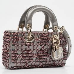 Pre Owned Dior Grey Cannage Satin Micro Beads Embroidered Lady D-Joy Tote