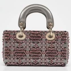 Pre Owned Dior Grey Cannage Satin Micro Beads Embroidered Lady D-Joy Tote