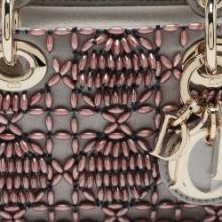 Pre Owned Dior Grey Cannage Satin Micro Beads Embroidered Lady D-Joy Tote