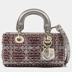 Pre Owned Dior Grey Cannage Satin Micro Beads Embroidered Lady D-Joy Tote
