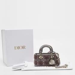 Pre Owned Dior Grey Cannage Satin Micro Beads Embroidered Lady D-Joy Tote
