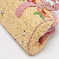 Pre Owned Dior Pink/Cream Leather and Raffia Limited Edition 0405 Floral Detective Satchel