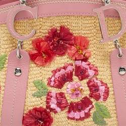 Pre Owned Dior Pink/Cream Leather and Raffia Limited Edition 0405 Floral Detective Satchel
