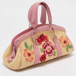 Pre Owned Dior Pink/Cream Leather and Raffia Limited Edition 0405 Floral Detective Satchel
