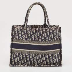 Pre Owned Dior Navy Blue Oblique Embroidered Canvas Medium Book Tote