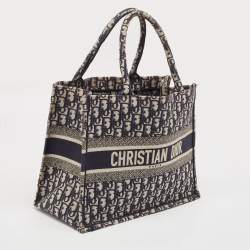 Pre Owned Dior Navy Blue Oblique Embroidered Canvas Medium Book Tote