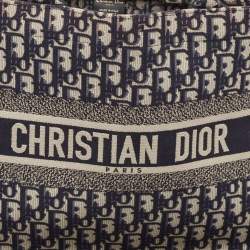 Pre Owned Dior Navy Blue Oblique Embroidered Canvas Medium Book Tote