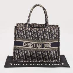 Pre Owned Dior Navy Blue Oblique Embroidered Canvas Medium Book Tote