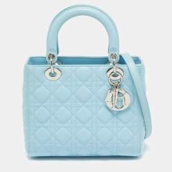Pre Owned Dior Light Blue Cannage Leather Medium Lady Dior Tote