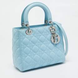 Pre Owned Dior Light Blue Cannage Leather Medium Lady Dior Tote