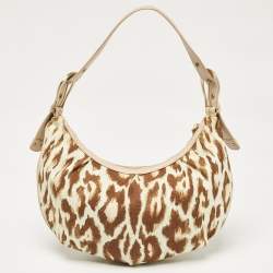 Dior Beige/Light Brown Leopard Print Canvas and Leather Buckle Handle Hobo