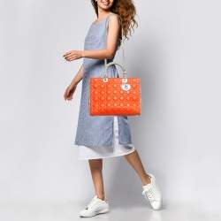 Pre Owned Dior Orange/Beige Quilted Leather and Python Large Lady Dior Tote