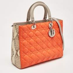 Pre Owned Dior Orange/Beige Quilted Leather and Python Large Lady Dior Tote