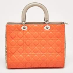 Pre Owned Dior Orange/Beige Quilted Leather and Python Large Lady Dior Tote
