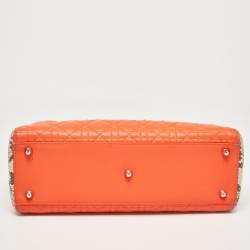 Pre Owned Dior Orange/Beige Quilted Leather and Python Large Lady Dior Tote