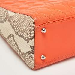 Pre Owned Dior Orange/Beige Quilted Leather and Python Large Lady Dior Tote