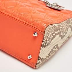 Pre Owned Dior Orange/Beige Quilted Leather and Python Large Lady Dior Tote