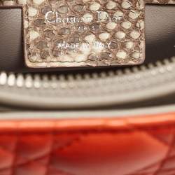 Pre Owned Dior Orange/Beige Quilted Leather and Python Large Lady Dior Tote