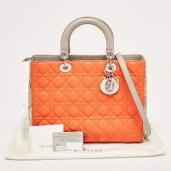 Pre Owned Dior Orange/Beige Quilted Leather and Python Large Lady Dior Tote