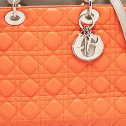 Pre Owned Dior Orange/Beige Quilted Leather and Python Large Lady Dior Tote