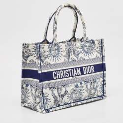 Pre Owned Dior White/Blue Embroidered Toile De Jouy Soleil Canvas Medium Book Tote 