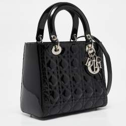 Pre Owned Dior Black Cannage Patent Leather Medium Lady Dior Tote