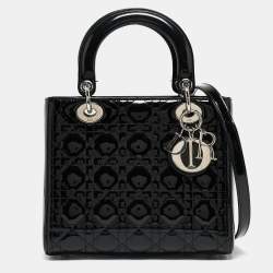 Pre Owned Dior Black Cannage Patent Leather Medium Lady Dior Tote