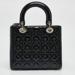 Pre Owned Dior Black Cannage Patent Leather Medium Lady Dior Tote
