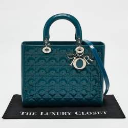 Pre Owned Dior Blue Cannage Patent Leather Large Lady Dior Tote