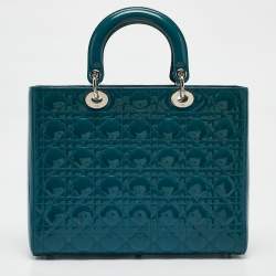 Pre Owned Dior Blue Cannage Patent Leather Large Lady Dior Tote